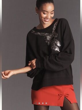 Anthropologie Maeve Drapers Sequin Bow Oversized Sweatshirt NWT